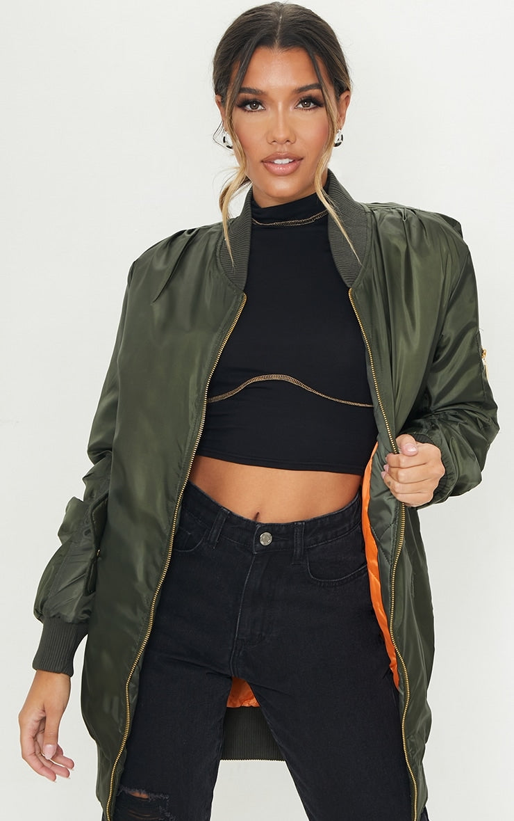 Shelbi Khaki Longline Bomber Jacket