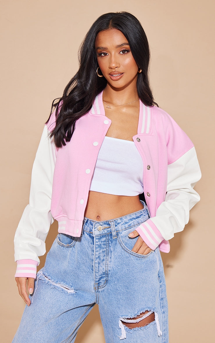 Faux Leather Cropped Contrast Sleeve Varsity Bomber Jacket