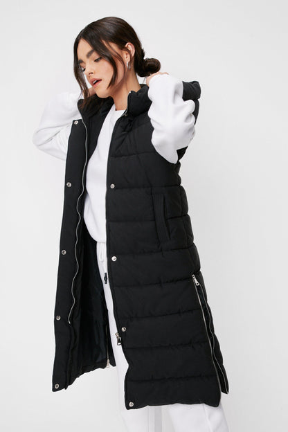 Hooded Sleeveless Padded Longline Jacket