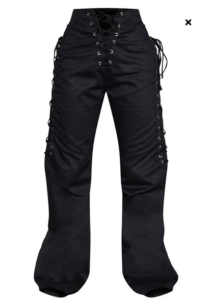 Black Woven Lace Up Wide Leg Trouser