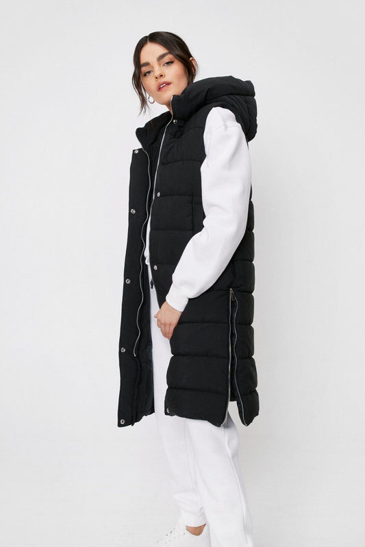 Hooded Sleeveless Padded Longline Jacket