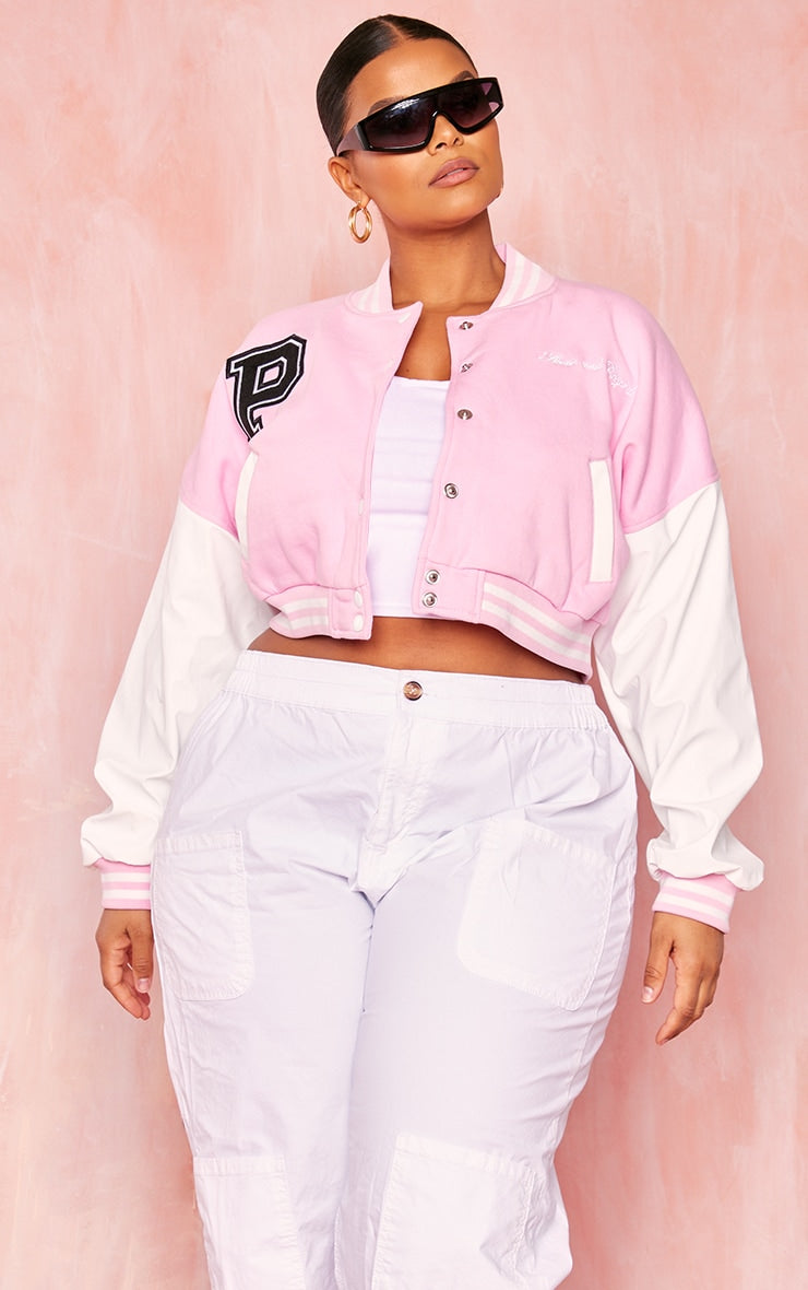 Plus size crop varsity jacket