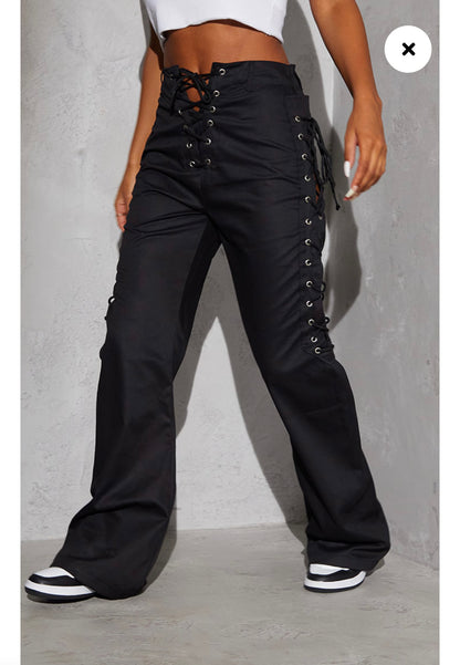 Black Woven Lace Up Wide Leg Trouser