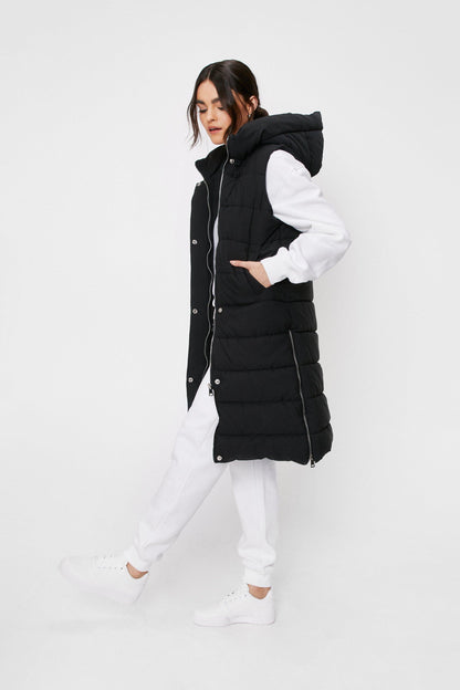 Hooded Sleeveless Padded Longline Jacket