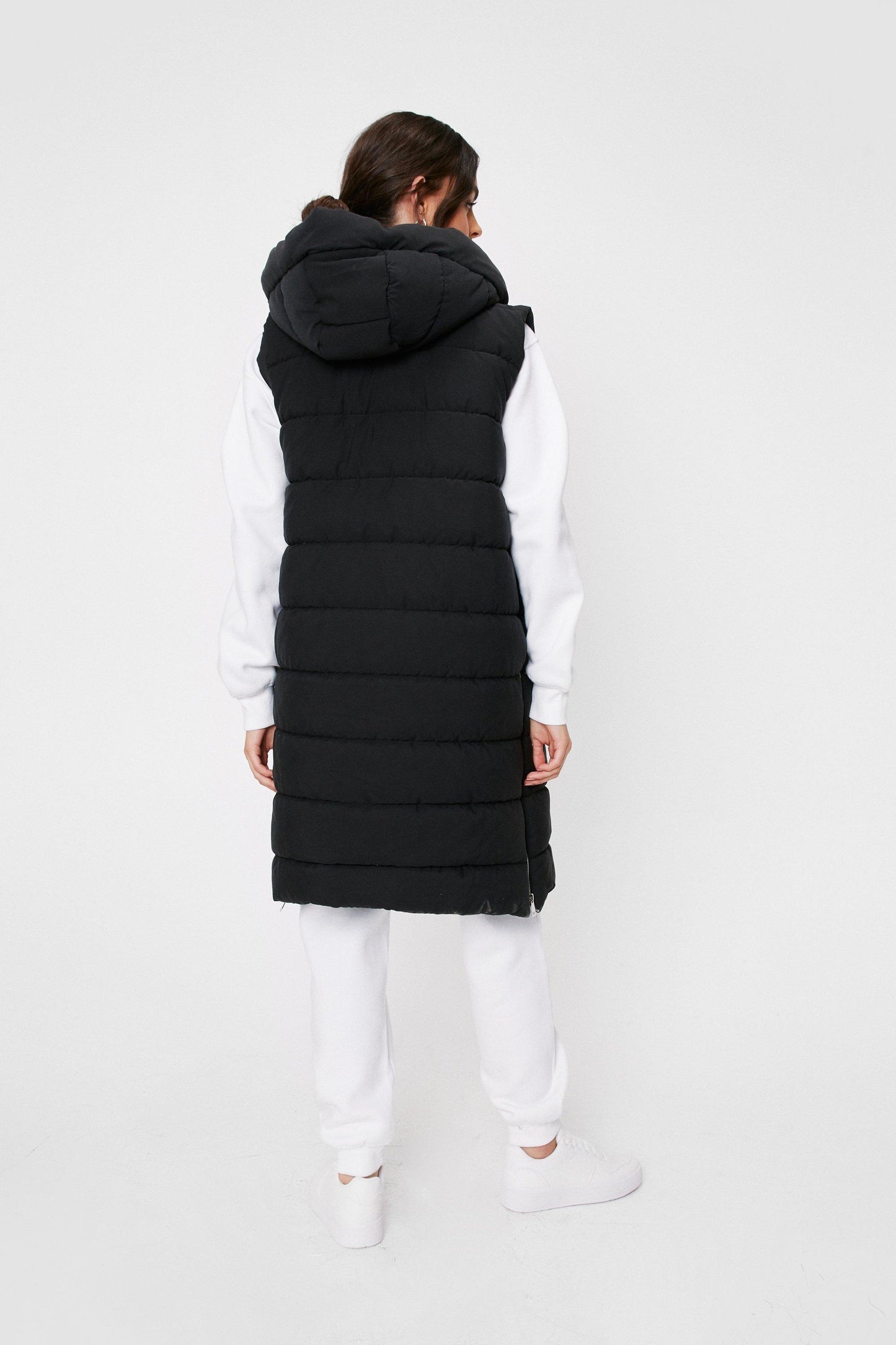 Hooded Sleeveless Padded Longline Jacket