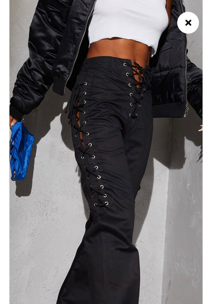 Black Woven Lace Up Wide Leg Trouser