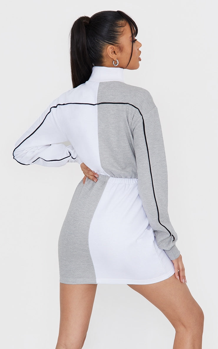 Grey Contrast Block High Neck Toggle Waist Sweat
Sweatshirt Dress