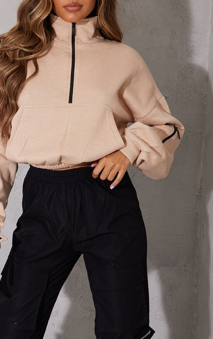 Sand Oversized Zip Front Sweatshirt