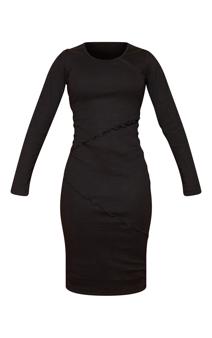 Black Thick Rib Asymmetric Binding Detail Midaxi Dress