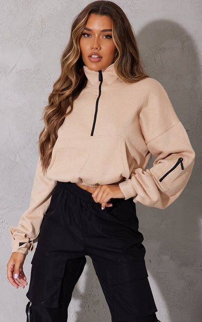 Sand Oversized Zip Front Sweatshirt