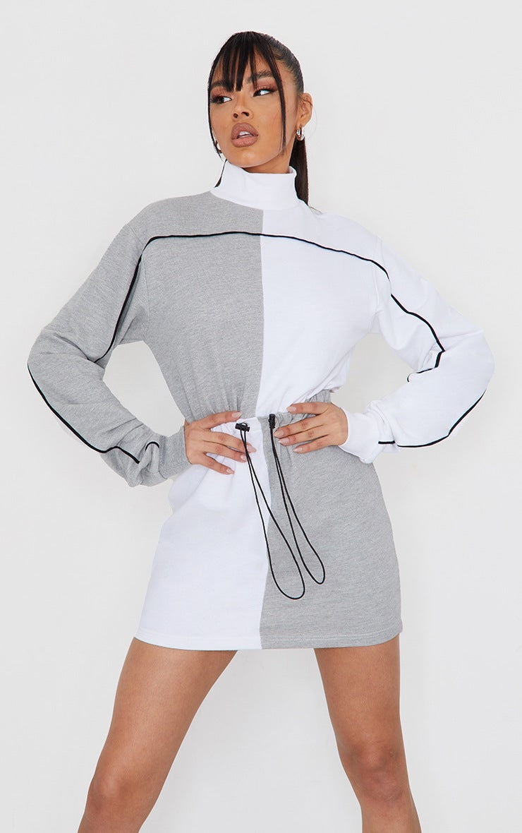 Grey Contrast Block High Neck Toggle Waist Sweat
Sweatshirt Dress