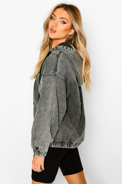 HOODED ACID WASH PULL OVER DENIM JACKET