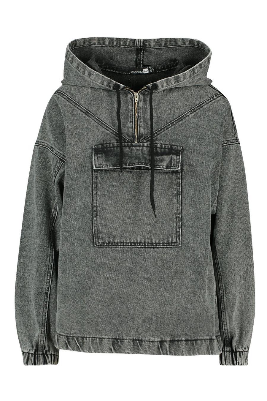 HOODED ACID WASH PULL OVER DENIM JACKET