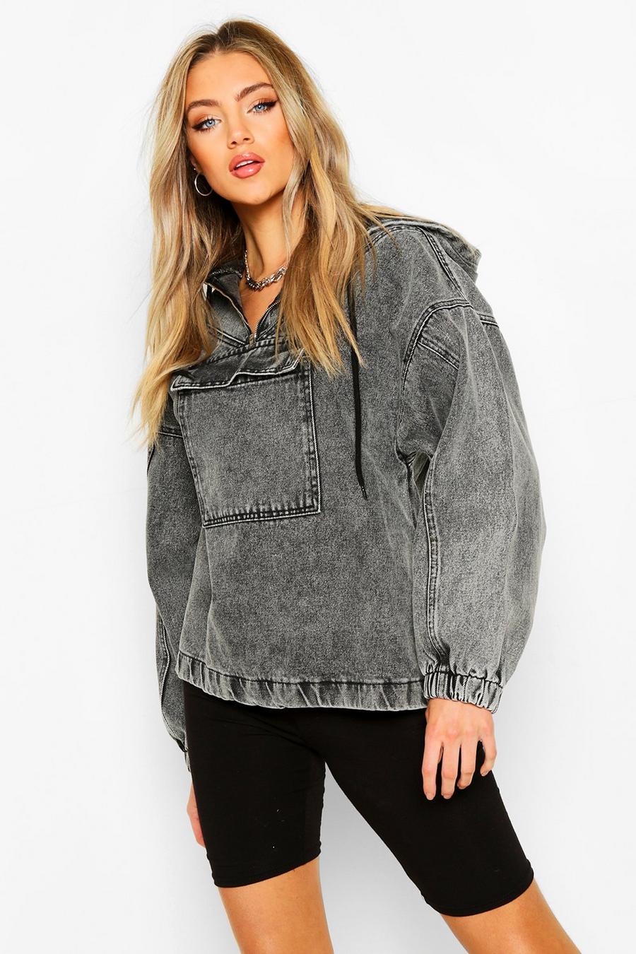 HOODED ACID WASH PULL OVER DENIM JACKET