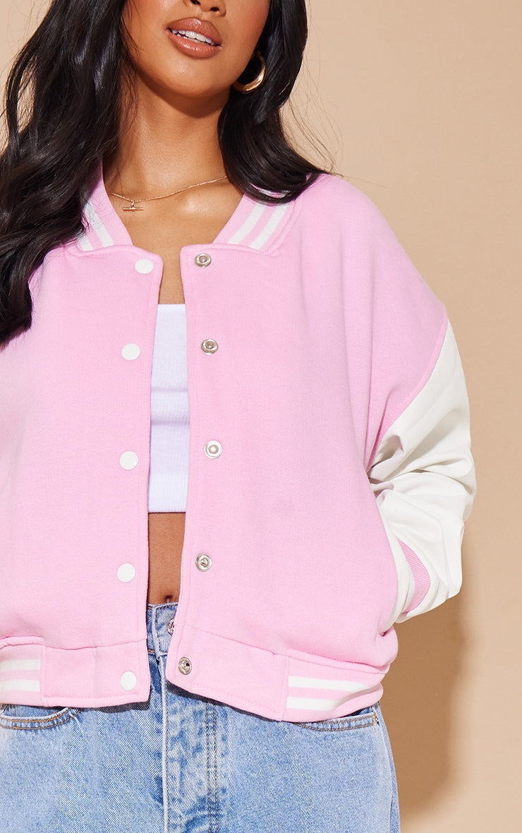 Faux Leather Cropped Contrast Sleeve Varsity Bomber Jacket